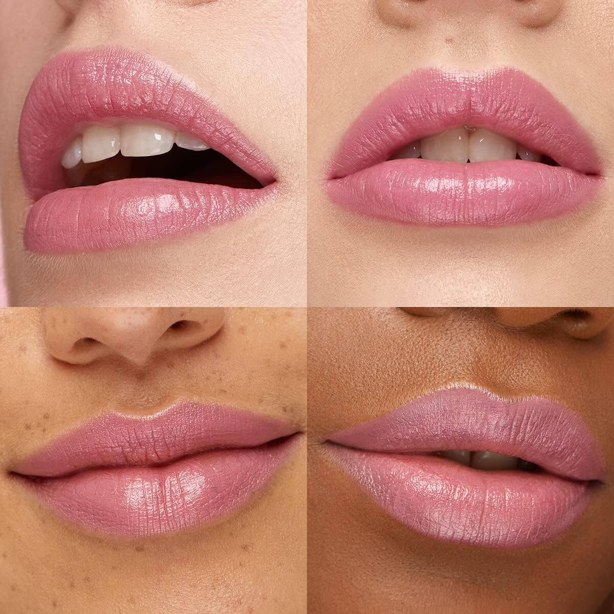 "KIKO Milano lipstick swatches on various skin tones showcasing long-lasting glossy finish."