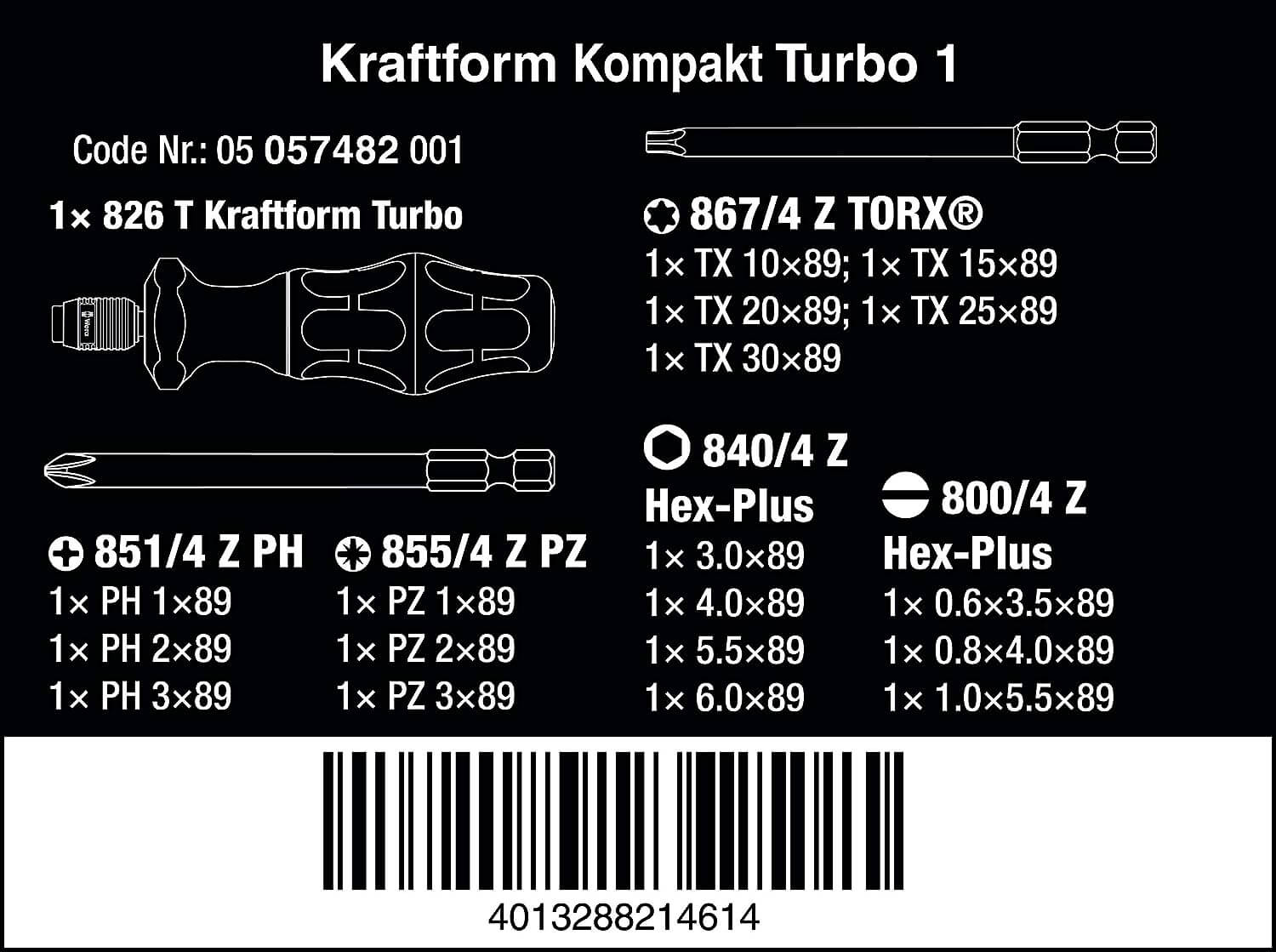 Wera Kraftform Kompakt Turbo 1 Screwdriver Set, 19 Piece -  05057482001