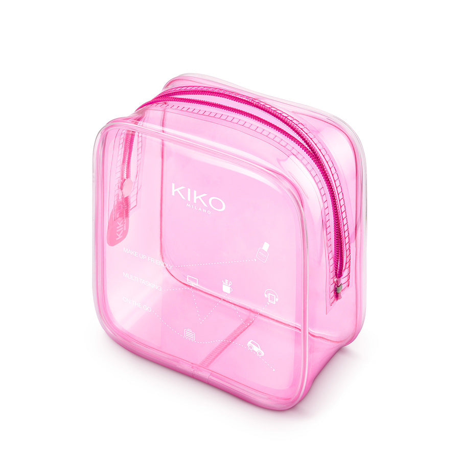 "Angled view of KIKO Milano Pink Transparent Mini Cosmetic Bag"