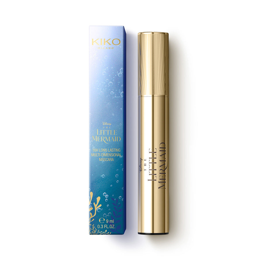 "Packaging of KIKO Milano's The Little Mermaid long-lasting mascara with aquatic-themed blue box and elegant gold tube."