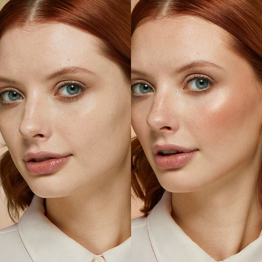 "Before and after comparison of a woman's face with makeup highlighting enhanced features and a radiant complexion."