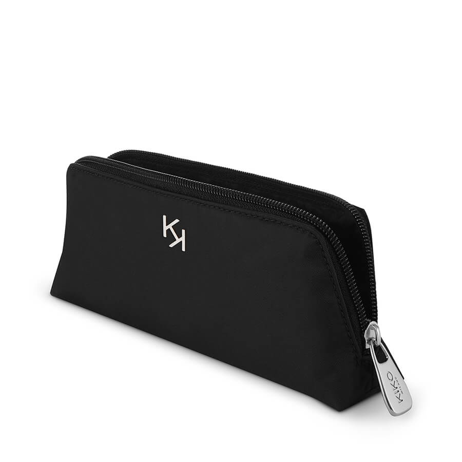 "Sleek and Compact Black Makeup Pencil Case by KIKO Milano with Silver Detailing"