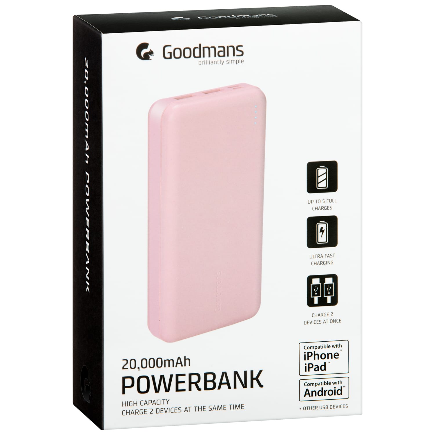 Goodmans 20,000mAh Dual USB Power Bank – Pink