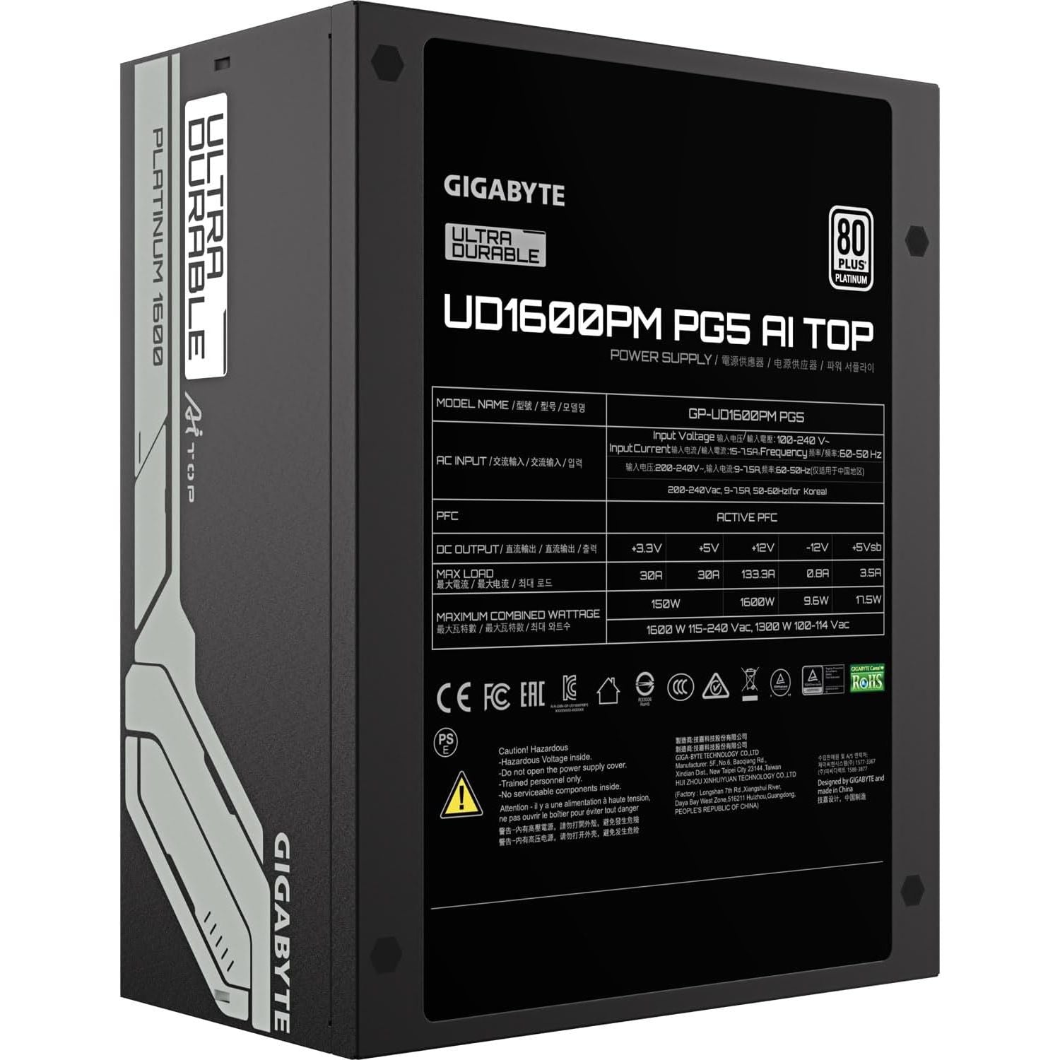 Gigabyte UD1600PM PG5 AI TOP 1600W Power Supply Unit – 80+ Platinum, Fully Modular, ATX 3.1, PCIe 5.0
