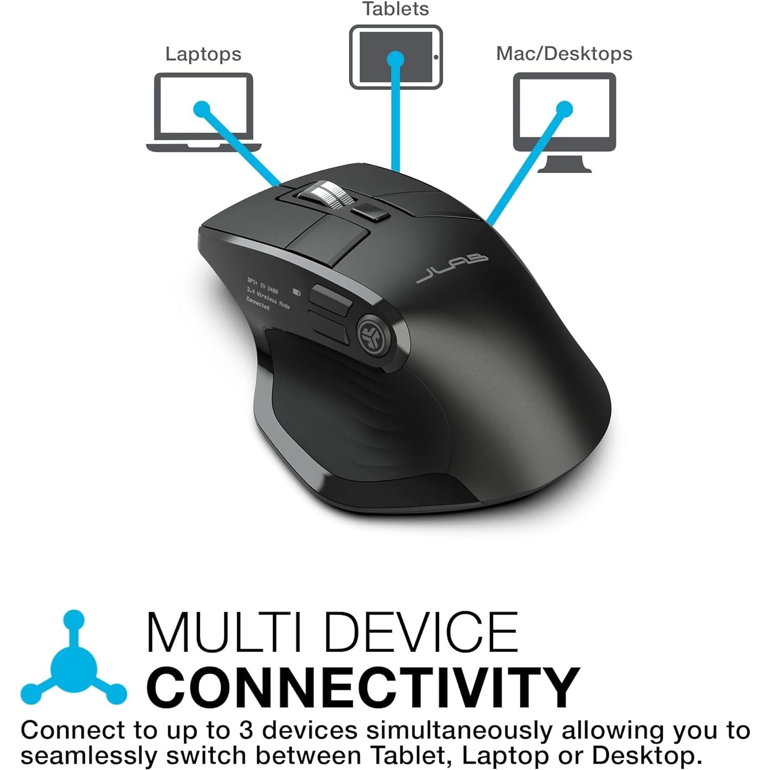 JLAB Epic Multi-Device Wireless Ergonomic Mouse - Bluetooth & 2.4GHz, Rechargeable Battery, OLED Display - Amar