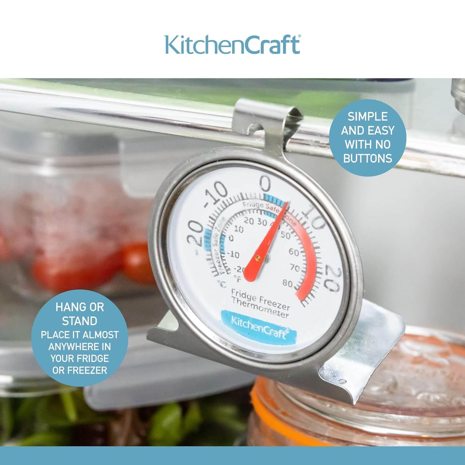 Kitchencraft Fridge Freezer Thermometer with Min Max Temperature Guide, Clear Di