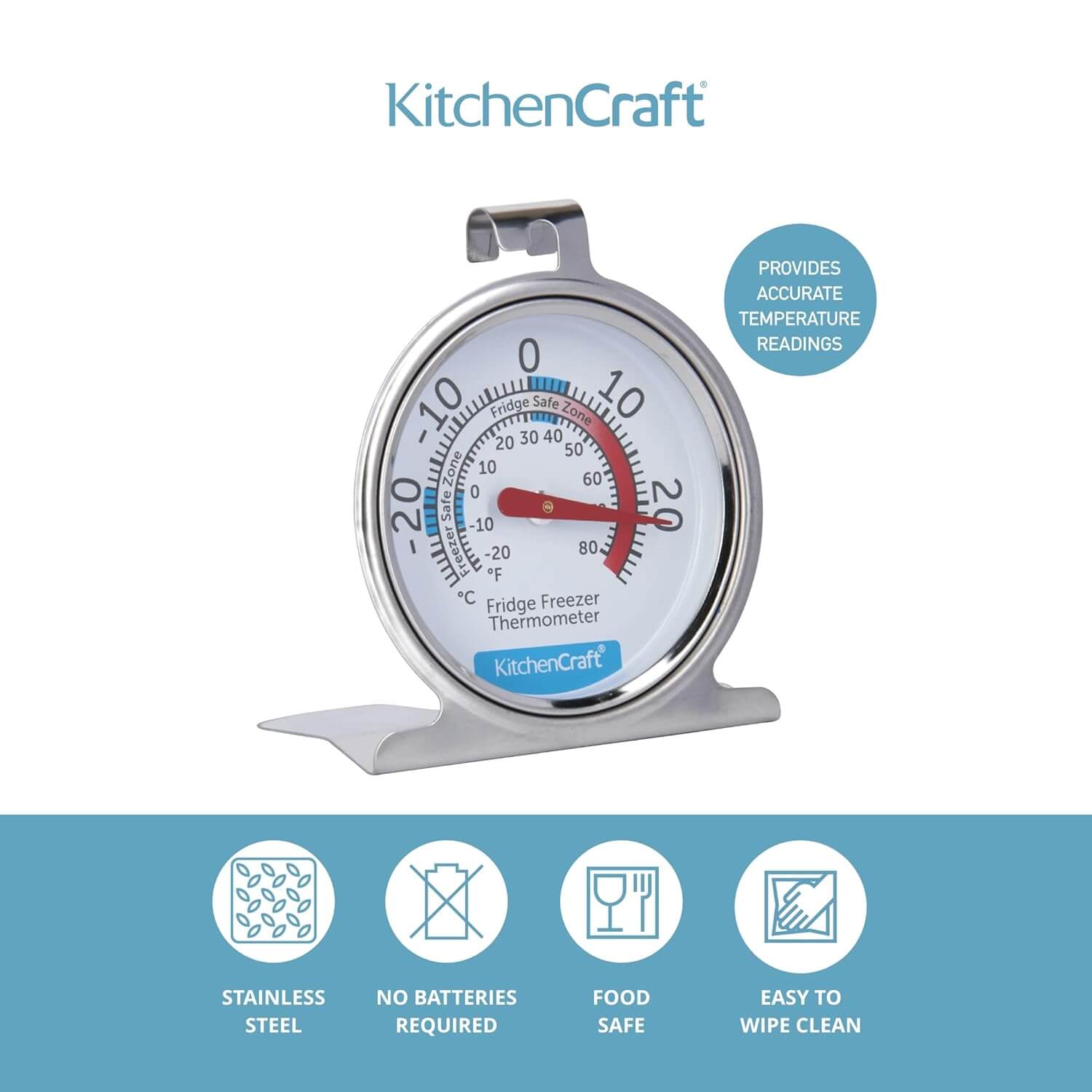 Kitchencraft Fridge Freezer Thermometer with Min Max Temperature Guide, Clear Di