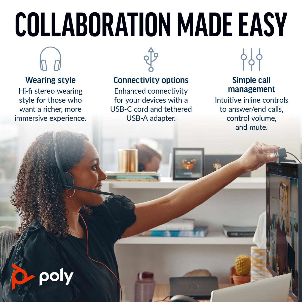 POLY Blackwire 3220 Stereo USB-C Headset +USB-C/A Adapter