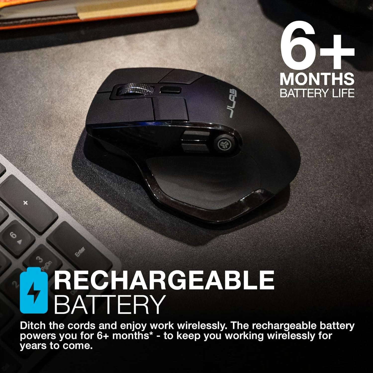 JLAB Epic Multi-Device Wireless Ergonomic Mouse - Bluetooth & 2.4GHz, Rechargeable Battery, OLED Display - Amar
