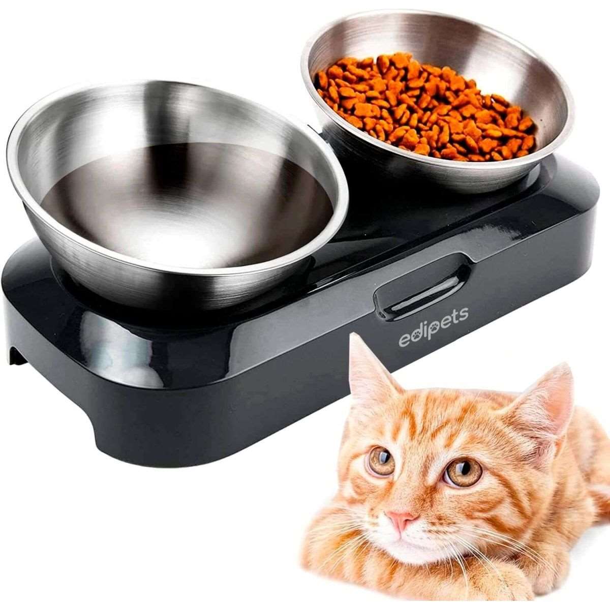 Edipets Adjustable Double Stainless Steel Pet Feeder for Cats & Dogs | 0° and 15° Tilt | Puppy to Large Pet Bowl - Amar.co.uk
