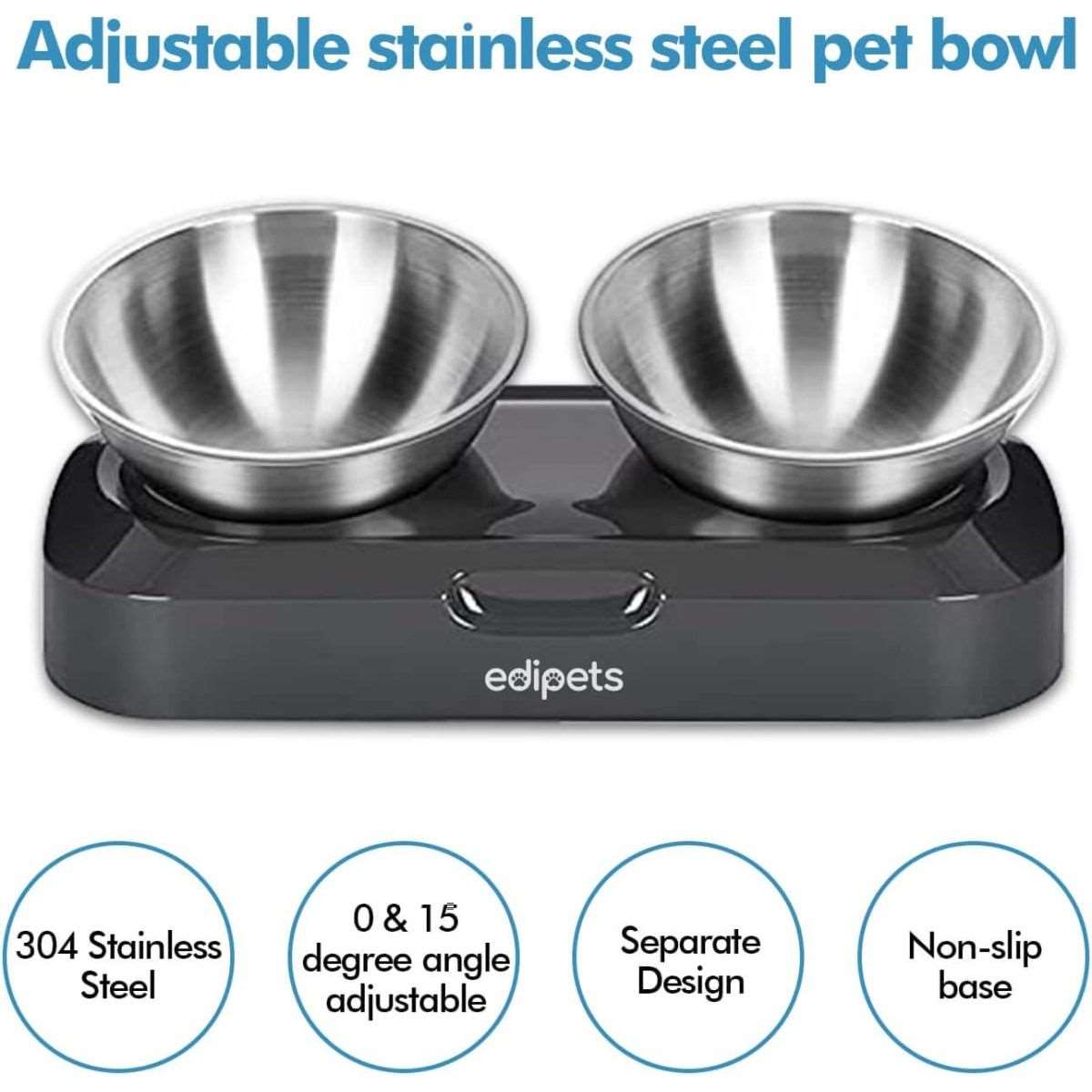 Edipets Adjustable Double Stainless Steel Pet Feeder for Cats & Dogs | 0° and 15° Tilt | Puppy to Large Pet Bowl - Amar.co.uk