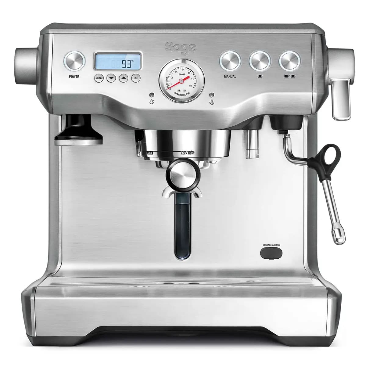 Front view of Sage The Dual Boiler Stainless Steel Espresso Coffee Machine with dual boilers and PID temperature control