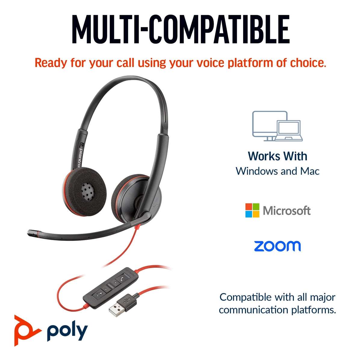 POLY Blackwire 3220 Stereo USB-C Headset +USB-C/A Adapter