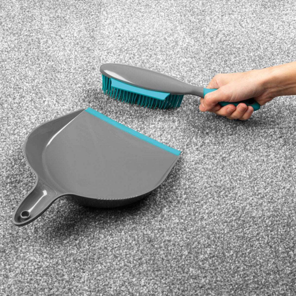 Pet Plus+ Dustpan and Brush Set - Non - Scratch Rubber Bristles, Squeegee Edge for Pet Hair and Hard Floors, Grey/Turquoise - Amar.co.uk