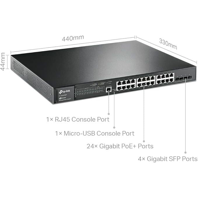 TP - Link JetStream 28 - Port Gigabit L2+Managed Switch with 24 - Port PoE+, Supports 24 Gigabit PoE+ ports and 4 Gigabit SFP Slots, 384W Budget, Rackmount (TL - SG3428MP) - Amar.co.uk